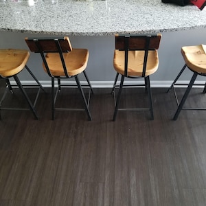 Comfortable Kitchen Seating Industrial Bar Stool Scooped Seat Design Swivel Function Feature Counter Height Chair Back Support Construction Reclaimed Wood Material Farmhouse Style Appearance Modern Home Decor Kitchen Island Seating Solution