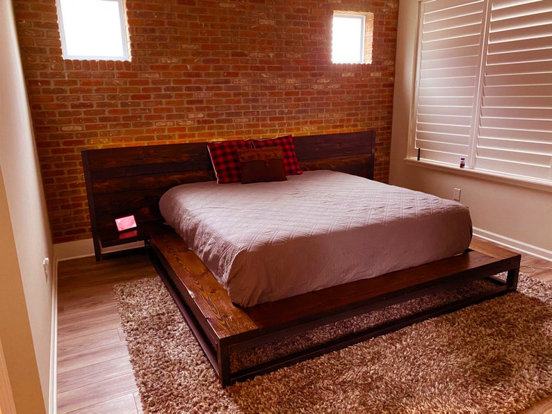 Wood Floating Platform Bed Wood Bed Frame Industrial Bed Etsy
