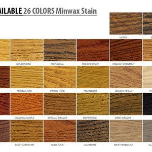 May include: A chart showing 26 different wood stain colors from Minwax. The colors are arranged in rows of six, with the names of each color listed below the corresponding stain sample.