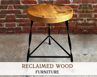 Modern Reclaimed Wood Bar Stool with Twisted Wrought Iron Legs ~ Industrial Kitchen Island & Counter Tripod Bar Stool ~ Rustic Round Seat