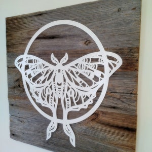 Luna Moth and Moon Reclaimed Wood and Metal Wall Art, Weathered Wood Wall Art, Luna Month Wall Decor, Butterfly Wall Art, Cottagecore Decor image 2