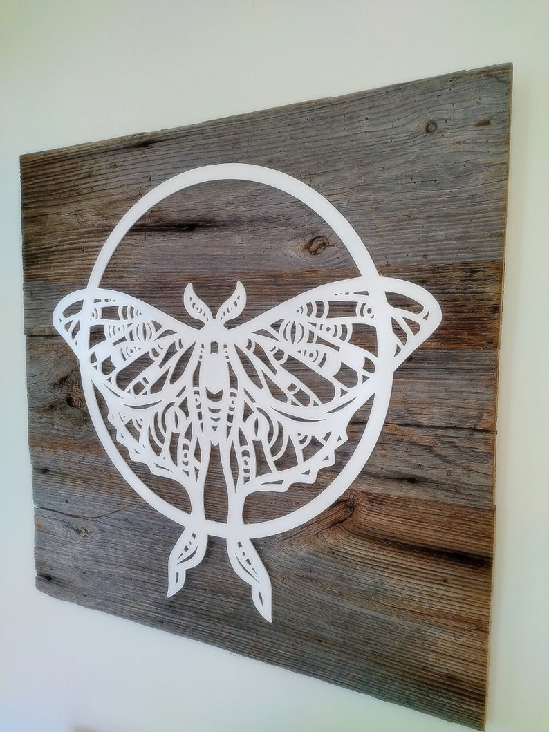 Luna Moth and Moon Reclaimed Wood and Metal Wall Art, Weathered Wood Wall Art, Luna Month Wall Decor, Butterfly Wall Art, Cottagecore Decor image 2