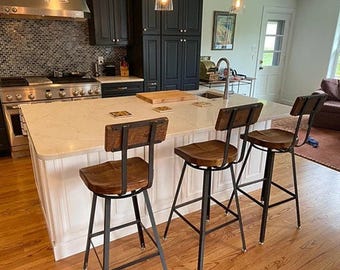 Swiveling Scooped Wooden Seat Bar Stool with Backrest, Counter Height Custom Kitchen Furniture