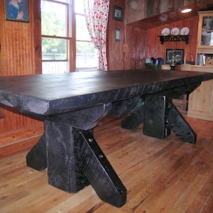 Massive Thick Plank Timber Trestle Table, Cabin Furniture, Wood Dining Table, Timber Table, Farm Table, Barn Wood Table image 1