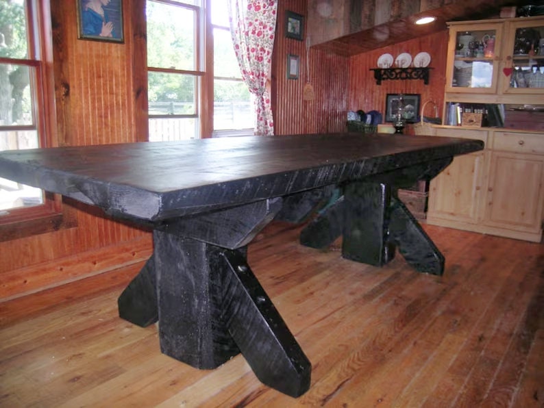 Massive Thick Plank Timber Trestle Table, Cabin Furniture, Wood Dining Table, Timber Table, Farm Table, Barn Wood Table image 1