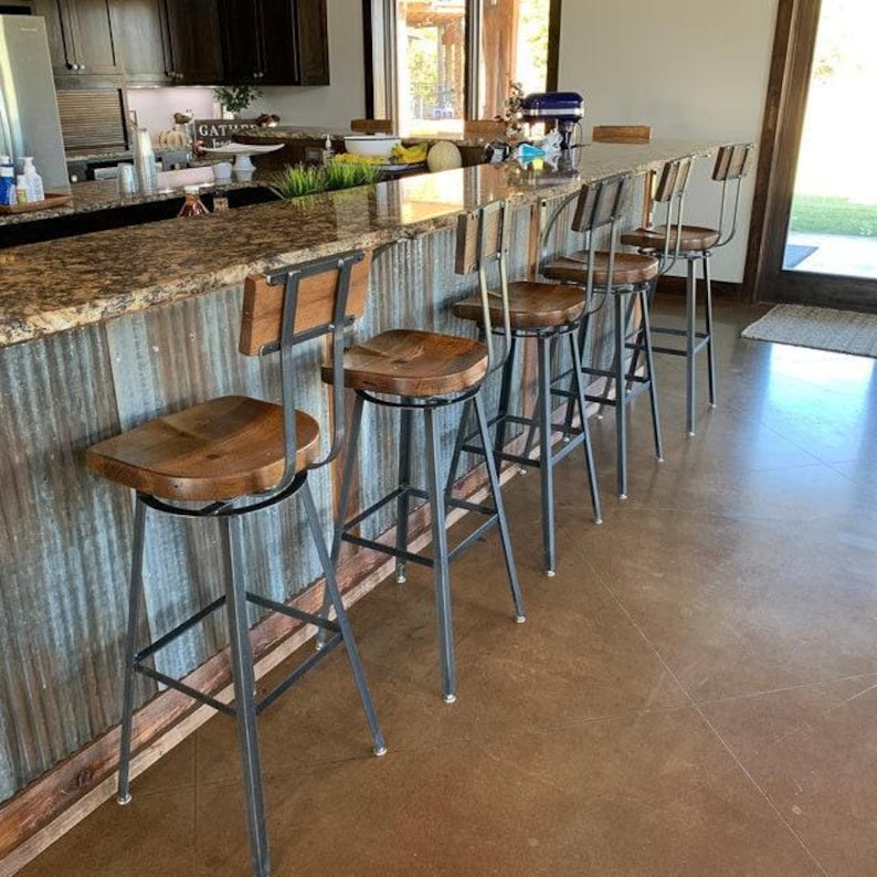 Swiveling Scooped Seat Brewster, Wooden Seat Bar Stool with Backrest, Custom Kitchen Furniture image 7