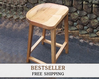Reclaimed Oak Wood Barstool with Scooped Seat and Custom Sizing ~ Backless Counter Height Stool for Kitchen Island ~ Mid Century Modern