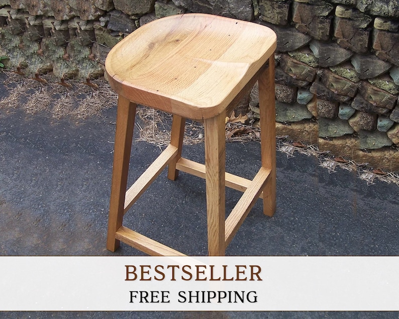 Handcrafted Reclaimed Oak Barstool: Rustic Scooped Seat with Custom Sizing image 1