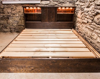Rustic Wood Platform Bed with Storage Drawers, Headboard Shelves and Lighting