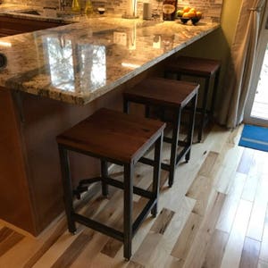 Square counter height bar stool RIGHT PROPER Industrial counter stools reclaimed wood Kitchen island bar stools backless Danish modern image 7
