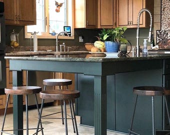 Tripod Counter Height Stools with Round Reclaimed Solid Wood Seat - Industrial Modern Bar Stools for Kitchen Island - Home Bar Furniture