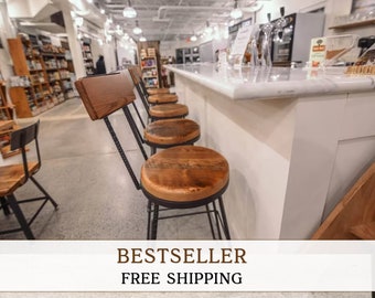 The Sully Swiveling Industrial Bar Stools, Counter Stools with Back: Rebar Metal Frame and  Reclaimed Wood Seat
