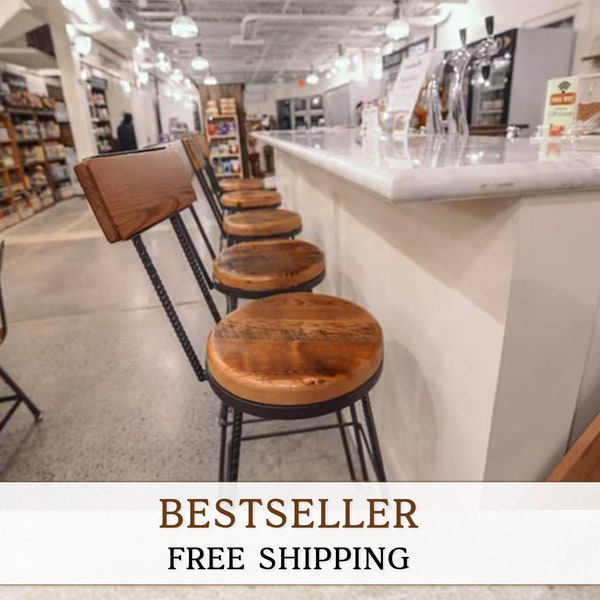 The Sully Swiveling Industrial Bar Stools, Counter Stools with Back: Rebar Metal Frame and  Reclaimed Wood Seat
