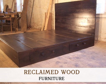 Reclaimed Wood Platform Bed with Drawers and Headboard