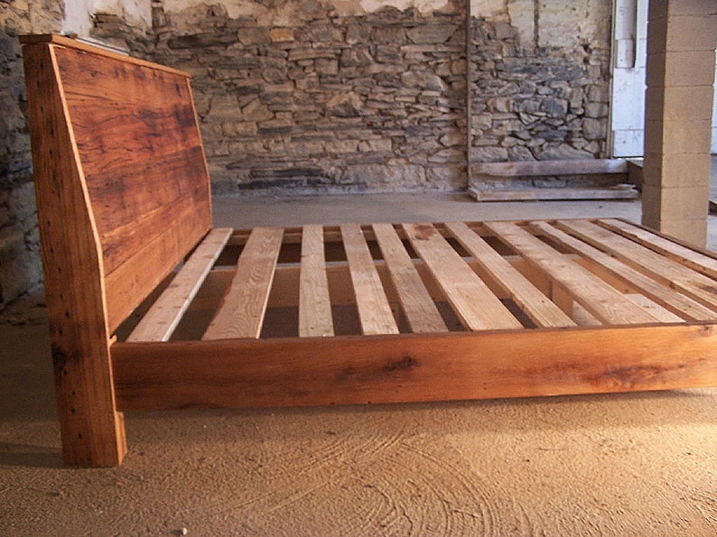 Reclaimed Wood SLANT BACK Platform Bed, Farmhouse Bed Frame, King Bed Frame, Queen Bed Frame And Headboard, Custom Reclaimed Wood Bed Frame image 1