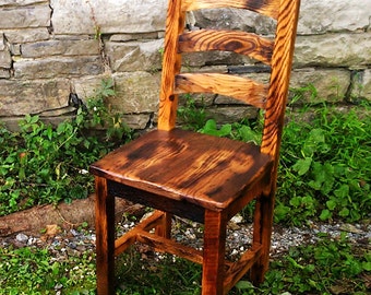 Reclaimed Oak Dining Chair: Burnt Wood Ladderback, Rustic Kitchen Stool
