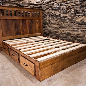 Mission Style Oak Bed With Drawers, King Size Platform Bed, Mission Furniture, Solid Hardwood Bed, Reclaimed Wood Platform Bed, Bed Frame