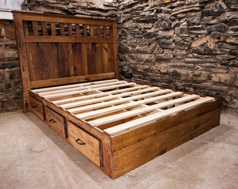 King Size Reclaimed Oak Platform Bed with Drawers: Mission Style