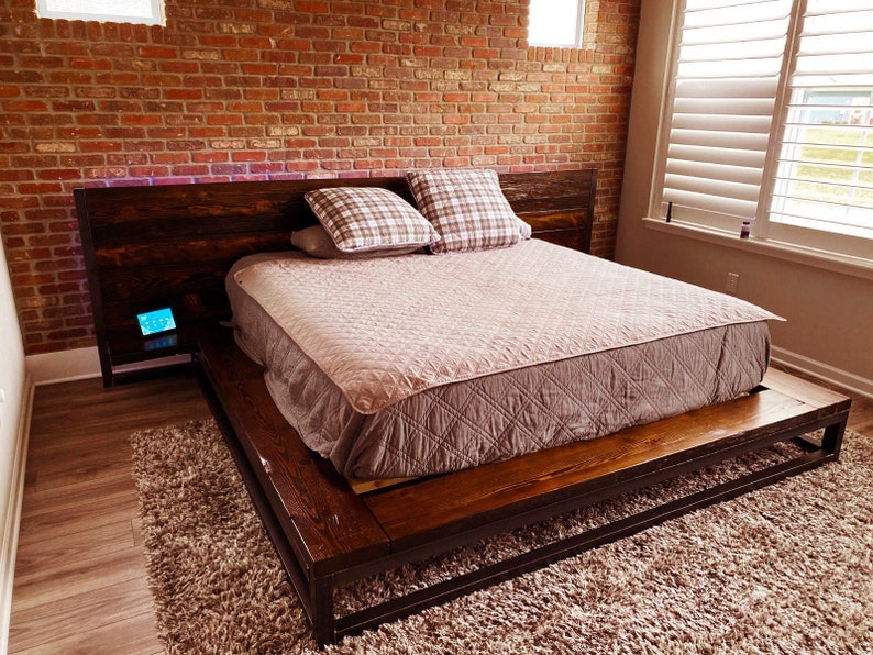 Wood Floating Platform Bed Wood Bed Frame Industrial Bed Etsy