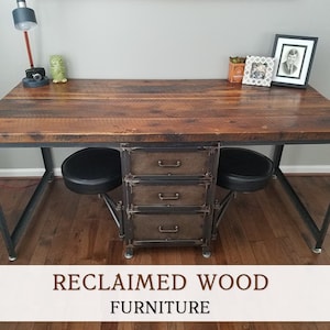 Wood Desk With Drawers, Industrial Desk, Home Office Desk, Antique Style Storage Desk, Rustic Desk, Primitive Furniture,Solid Wood Boho Desk