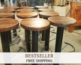 Rustic Industrial Bolt Down Bar Stools with Footrest, Reclaimed Wood Bolt Down Bar Stools, Commercial Bolt Down Bar Stools, Counter Stools