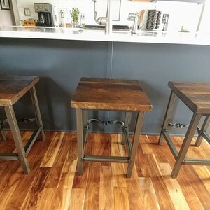 Square counter height bar stool RIGHT PROPER Industrial counter stools reclaimed wood Kitchen island bar stools backless Danish modern image 9