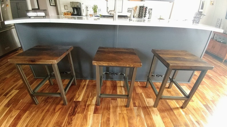 Square counter height bar stool RIGHT PROPER Industrial counter stools reclaimed wood Kitchen island bar stools backless Danish modern image 9