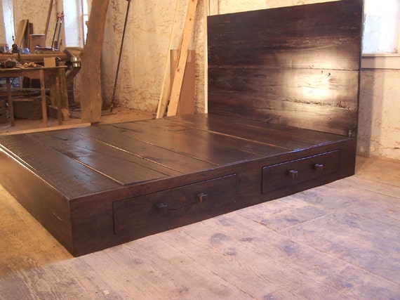 Wooden King Platform Bed With Drawers Twin Rustic Platform Bed With Storage  Reclaimed Queen Bed With Headboard 