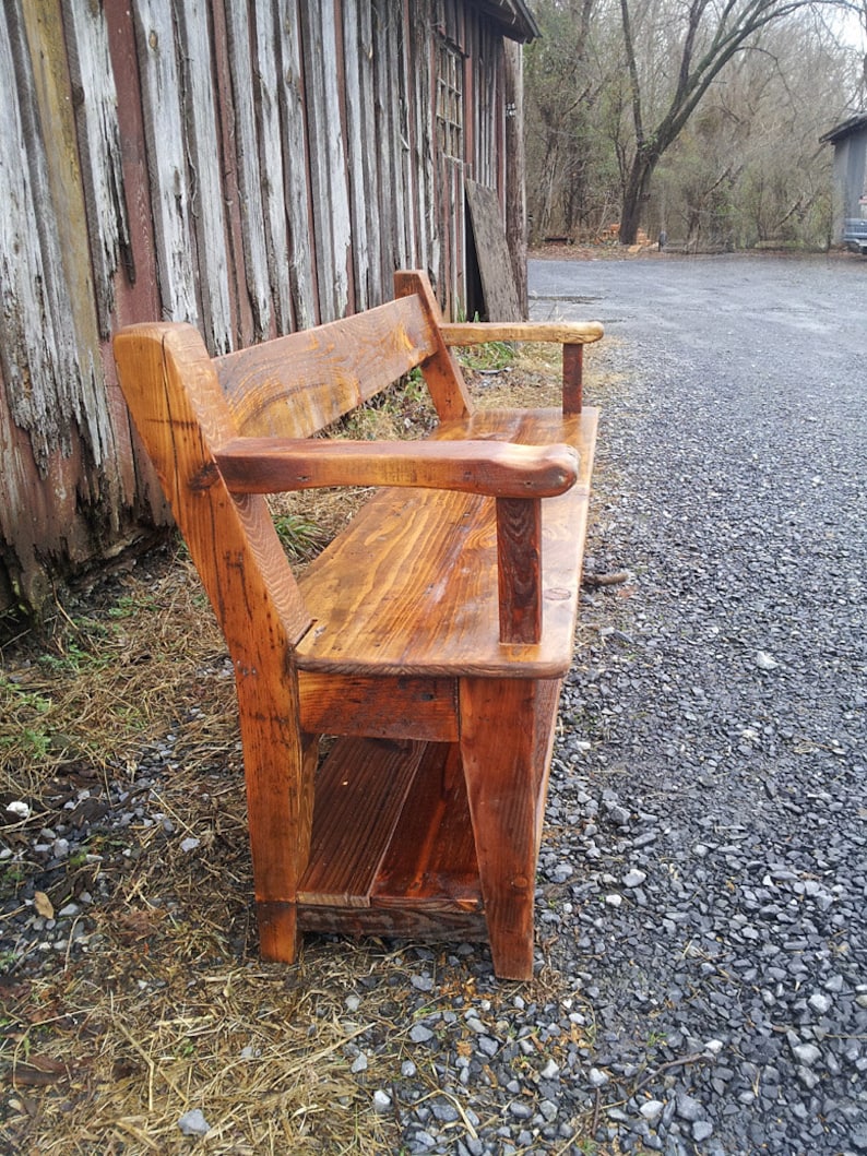 Wood dining bench with back and armrests. Reclaimed wood bench image 3