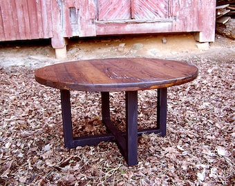 Round Coffee Table, Wormy Chestnut Table, Metal Coffee Table Base, Industrial Coffee Table, Wood End Table, Coffee Side Table, Modern Table