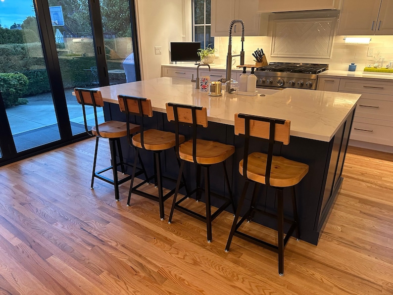 Swiveling Scooped Seat Brewster, Wooden Seat Bar Stool with Backrest, Custom Kitchen Furniture image 6