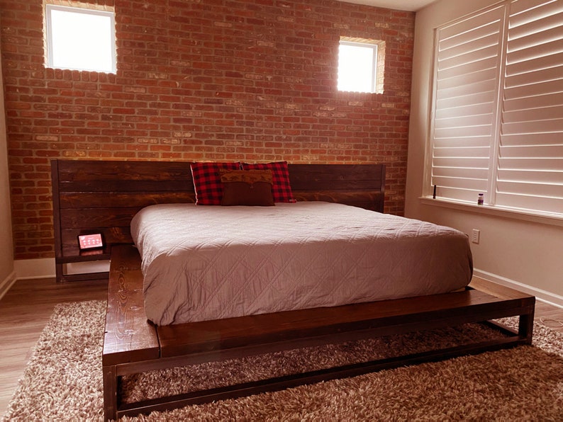 Wood Floating Platform Bed Wood Bed Frame Industrial Bed Etsy
