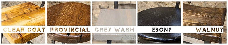 May include: Five wood chair seat options: clear coat, provincial, grey wash, ebony, and walnut.