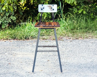 Mid Century Modern Bar Stool with Back ~ Reclaimed Oak Counter Height Chair ~ Wood & Metal Kitchen, Industrial Cafe or Restaurant Seating