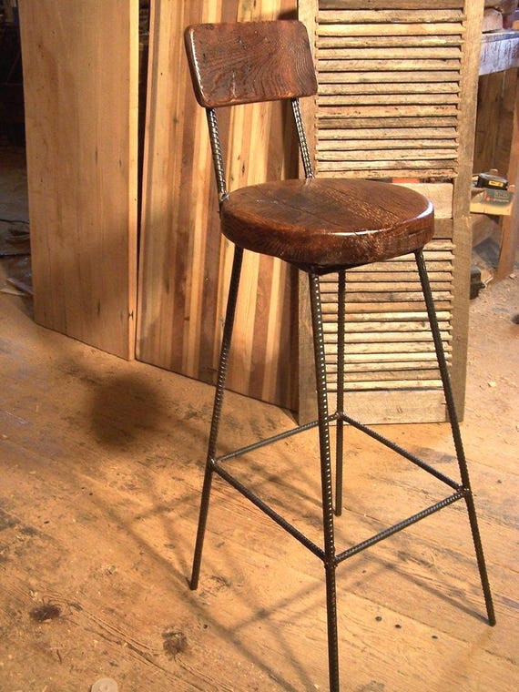 Rebar Legs Bar Stools with Back - Reclaimed Oak Wood Counter Height Stool - Commercial Bar Furniture in Industrial Modern Style