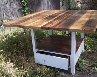 Reclaimed Wood Kitchen Island, Rustic Butcher Block Table with Drawer