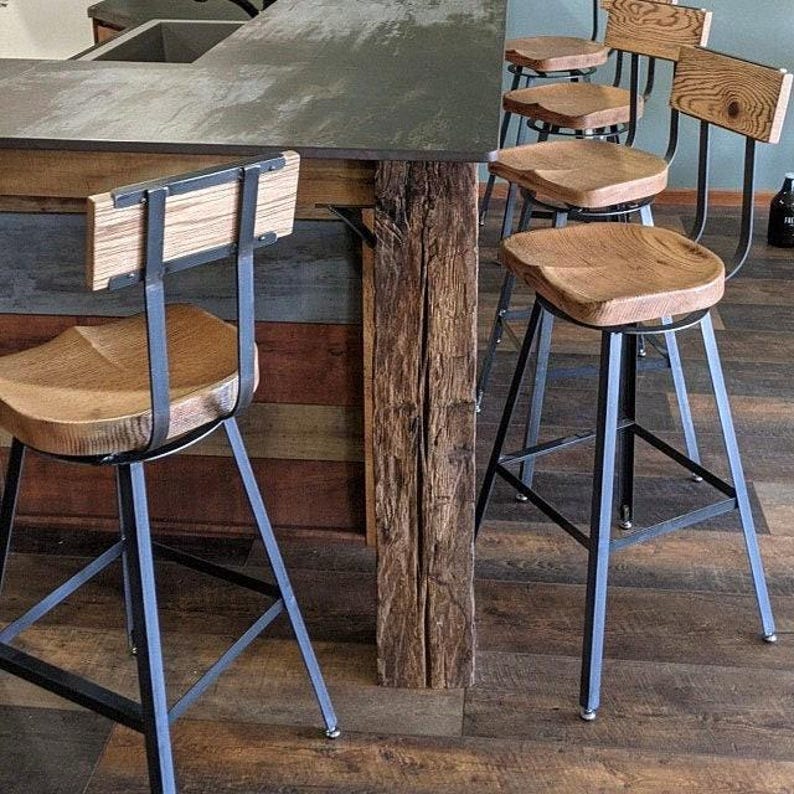 Home Bar Seating Industrial Style Stool Back Support Design Feature Comfortable Scooped Seat Swivel Counter Height Chair Reclaimed Wood Construction Farmhouse Kitchen Island Solution Entertaining Space Essential Durable Metal Frame Quality