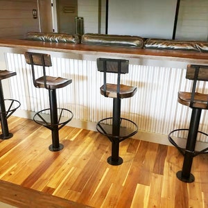 Bolt Down Bar Stools with Backs and Swivel, Scooped Seat Bolt Down Pedestal Barstool, Industrial Farmhouse Bar Stool, Counter Height Stools