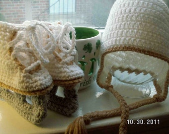 Figure Skate booties and an earflap hat available in three sizes