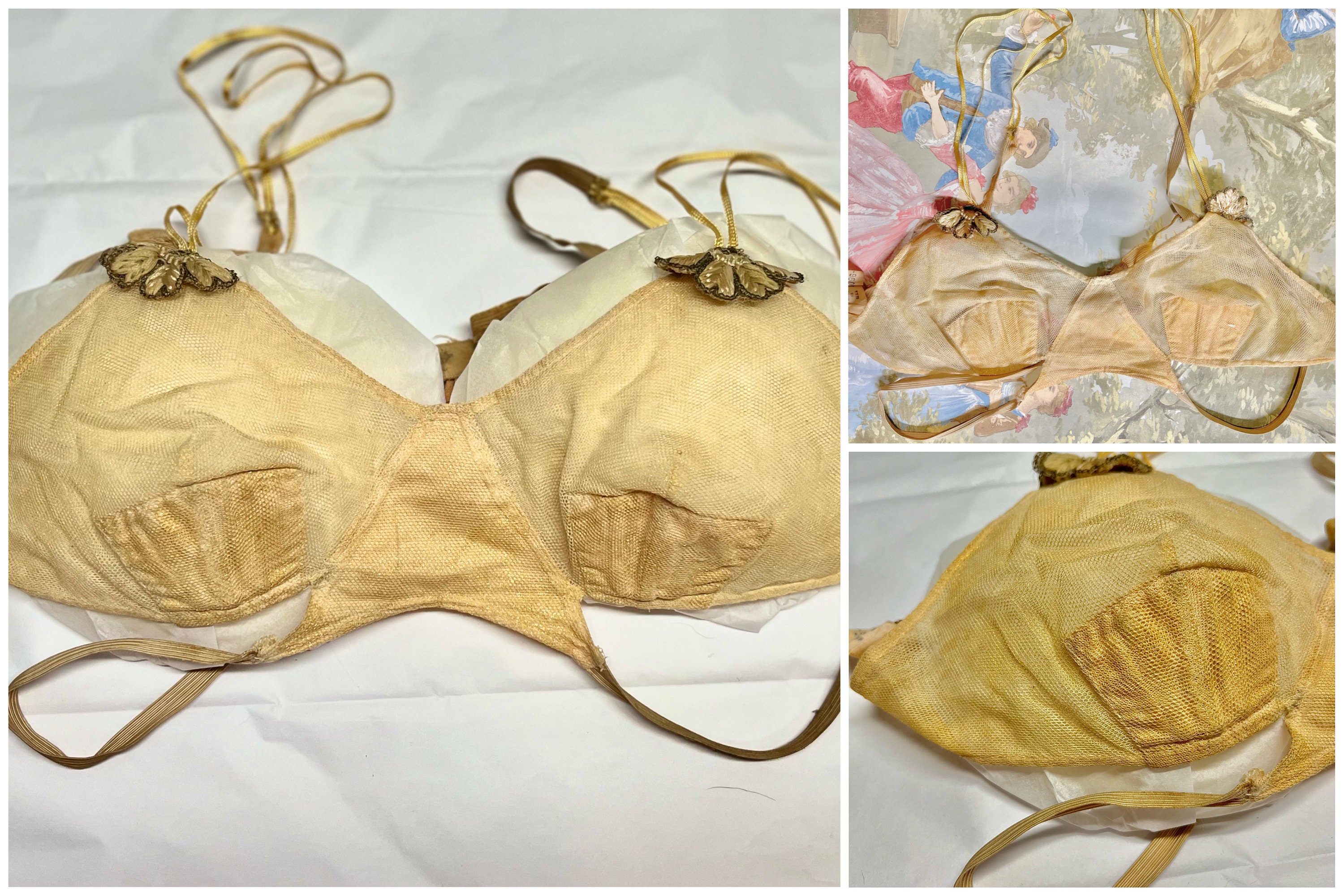 1930s Sheer Net Bra 34B S ~ Vintage Pinup Lingerie ~ Gold Bullion Fan ...