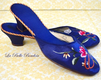 Silk Boudoir Mules US 7.5 UK 5.5 Vintage 20s Sapphire Blue Flapper Slippers ~ Satin Stitch Embroidery