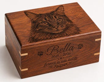Personalisierte Katzenurne | Individuelle Gedenkbox für Haustiere mit Fotogravur | Aschebox aus Holz für Katzen | Geschenk zum Gedenken an verstorbene Haustiere
