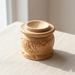 May include: A light-colored wooden container with a lid. The container has a cylindrical base with carved relief details. The lid consists of a flat base with a small, round bowl on top. The container is sitting on a neutral-colored surface.