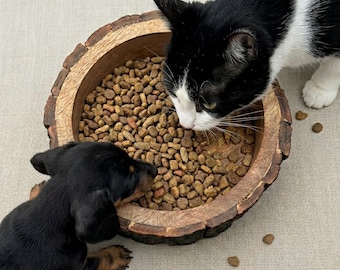 Cuenco de madera para perros, comedero de madera natural para mascotas, cuenco de comida para perros hecho a mano, cuenco elevado para mascotas, plato de madera único para mascotas, comedero para perros y gatos.