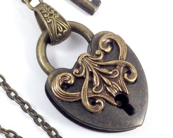 Secret Love - Victorian Style Bronze WORKING Padlock and Key Necklace