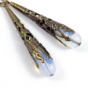 Opal Finish Glass Drop Earrings Wrapped in Bronze Filigree Jewelry image 1