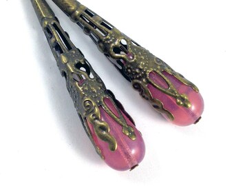 Pearly Pink Glass Drop Earrings Wrapped in Bronze Filigree