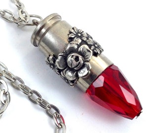 Ruby Red Glass Crystal Bullet Necklace Jewelry