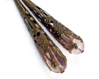 Pink Glass Drop Earrings Wrapped in Bronze Filigree Jewelry