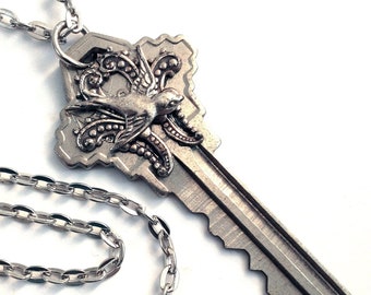 Silver Bird Recycled Key Pendant - Key Necklace - Key Jewelry - Key to Happiness